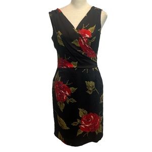 Vintage Trina Turk Silk Sheath Dress Womens Size 8 Black Floral Sleeveless Y2K